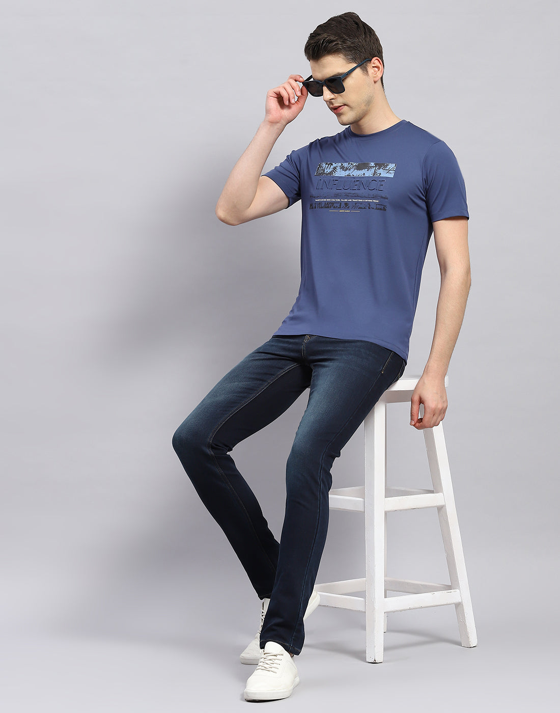 Men Blue Printed Round Neck Half Sleeve T-Shirt