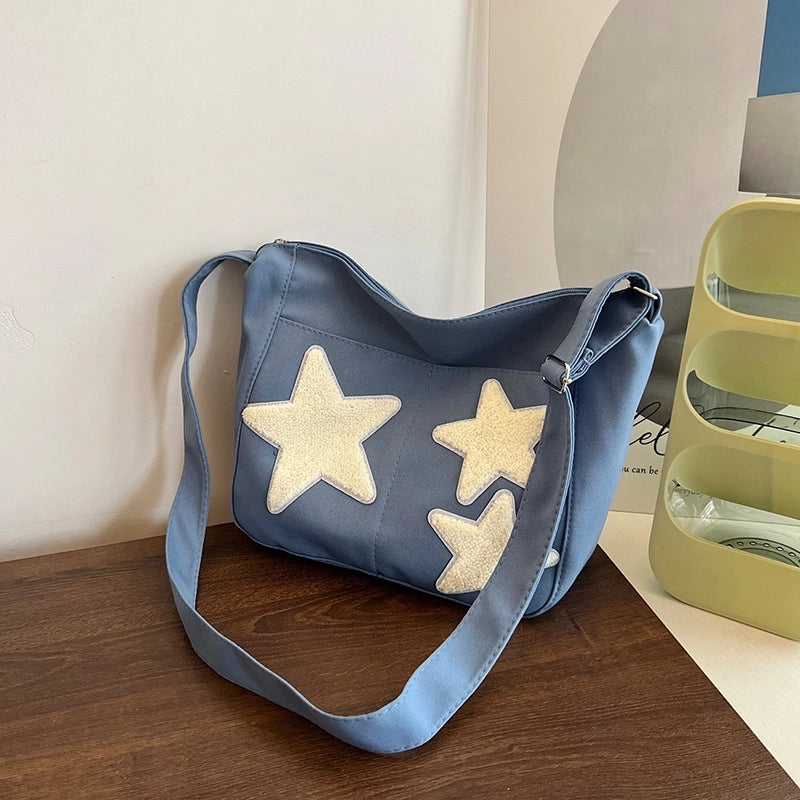 Large Capacity Crossbody Canvas Bag Japanese Style Korean Style Fashionable Pentagonal Star Shoulder Bag New Fashionable Cloth Bag