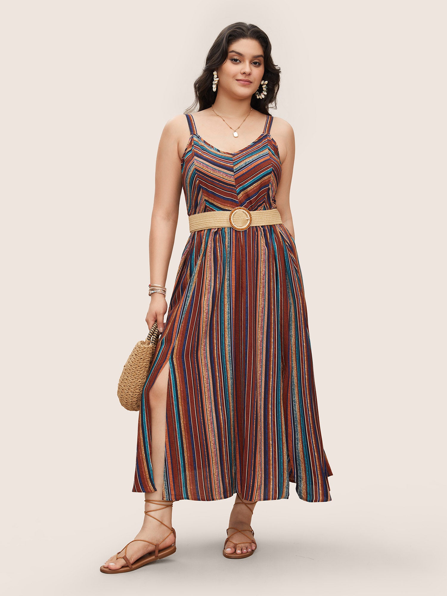 Striped Contrast Pocket Split Ruffle Hem Spaghetti Strap Dress