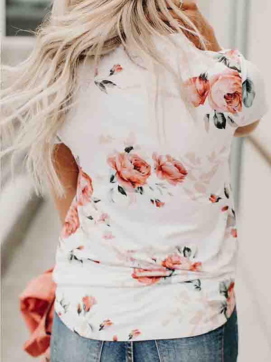 Short Sleeve Flower Print Round Neck Casual Wear T-Shirt