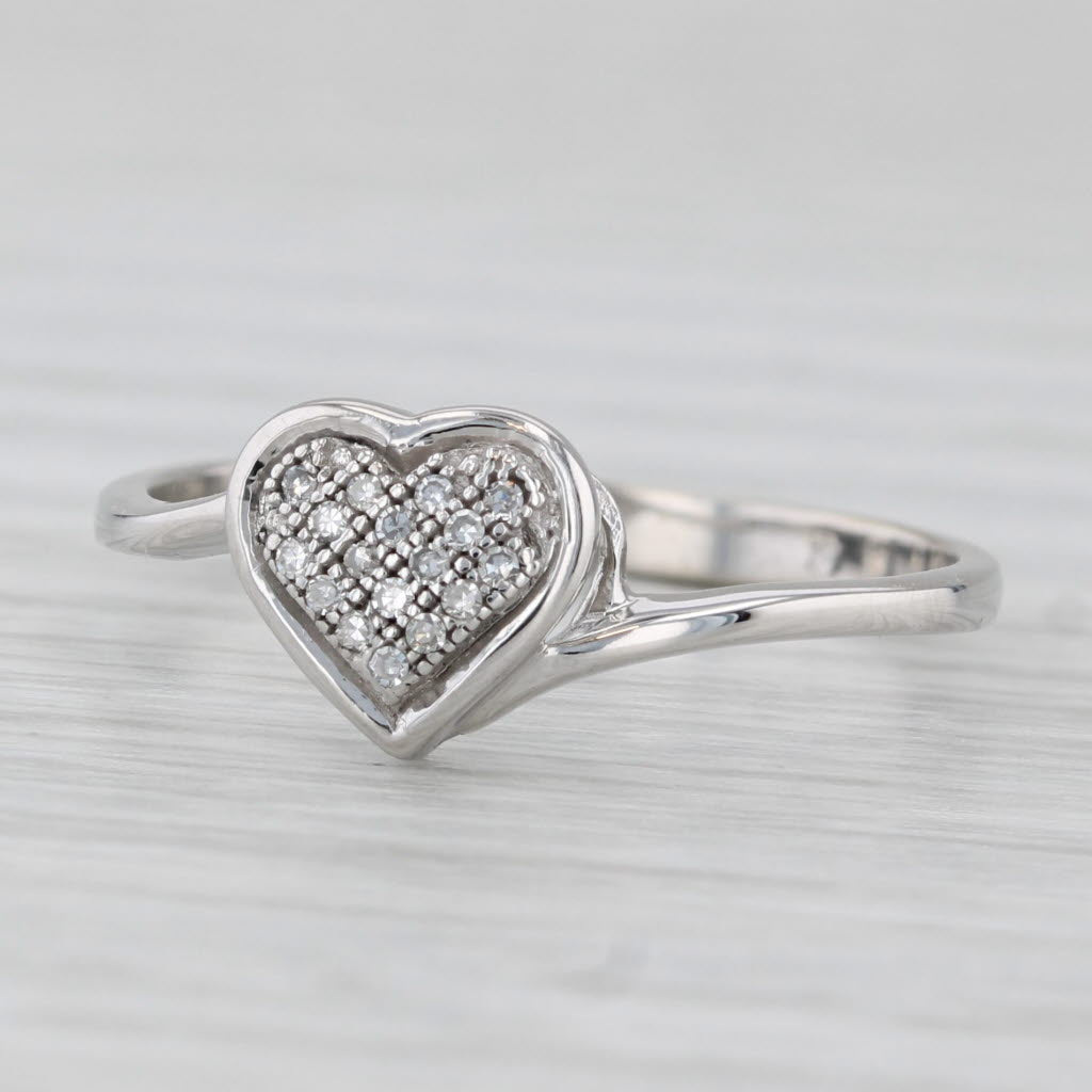 Pave Diamond Heart Ring 10k White Gold Bypass Size 7.25