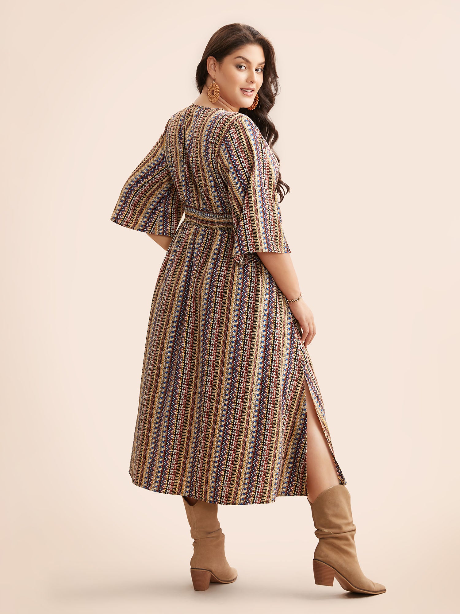 Bandana Striped Shirred Split Hem Dress