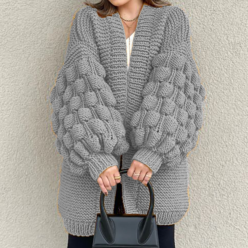 Retro Loose Puff Sleeves Thick Wool Knitted Cardigan