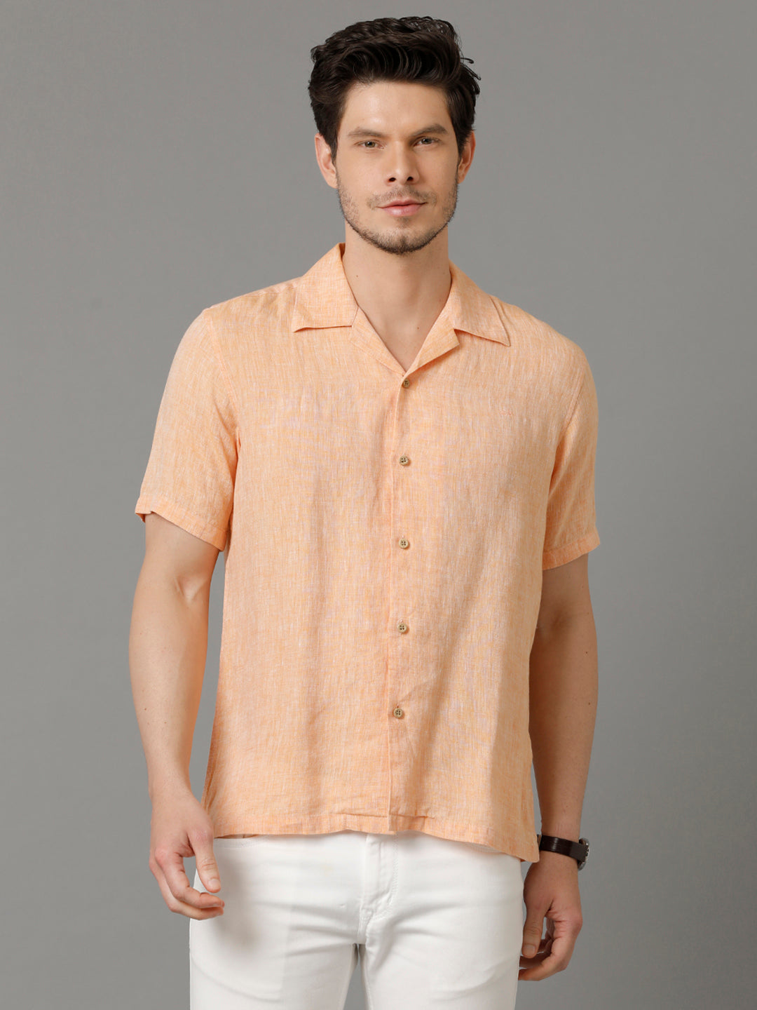 Mens Regular Fit Solid Orange Casual Linen Shirt (LACH)