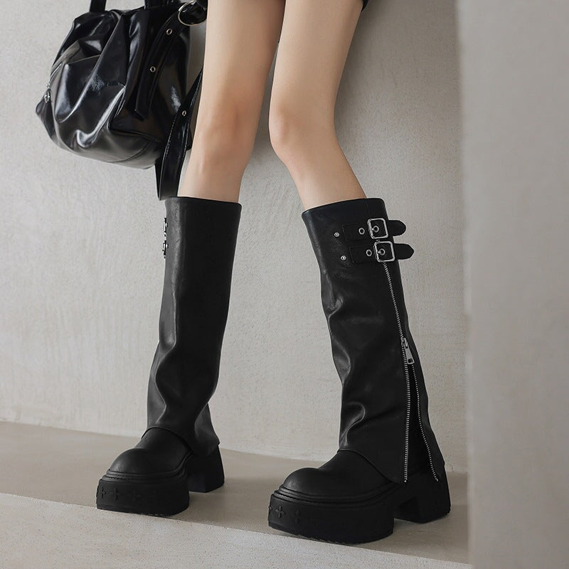 Women's Round Toe Folded Leather High-Calf Boots With Double Buckle in Black/Dark Brown