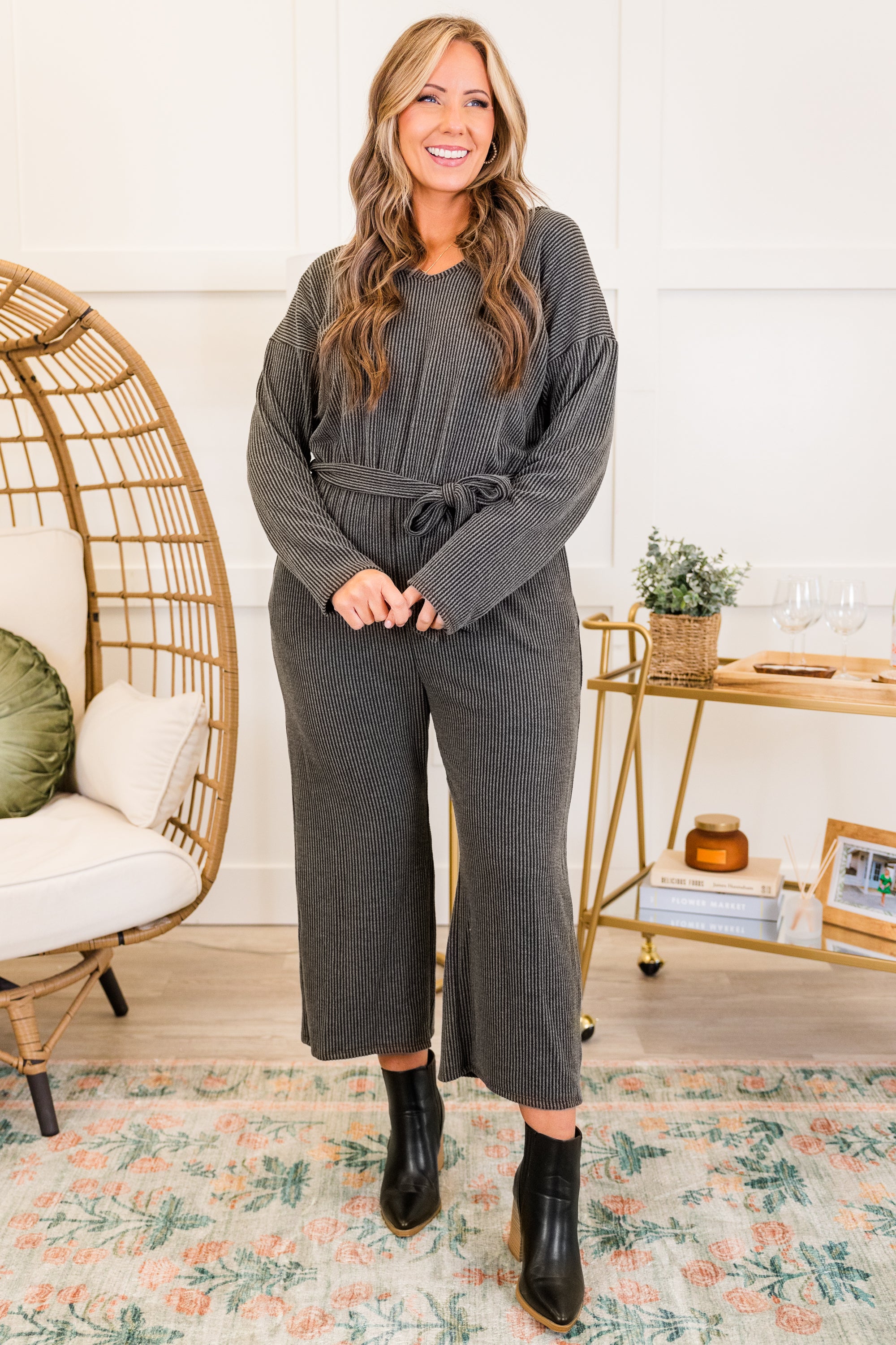 Firepits and Cozy Knits Jumpsuit. Charcoal