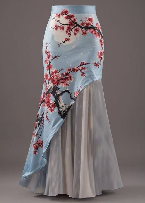 New Blue Asymmetrical Print Patchwork Skirts Summer