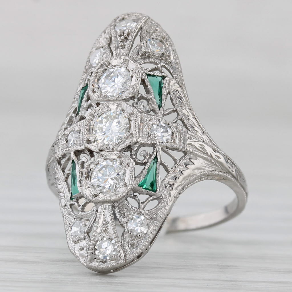 Art Deco 0.40ctw Diamond Lab Created Emerald Ring Platinum Filigree Size 6