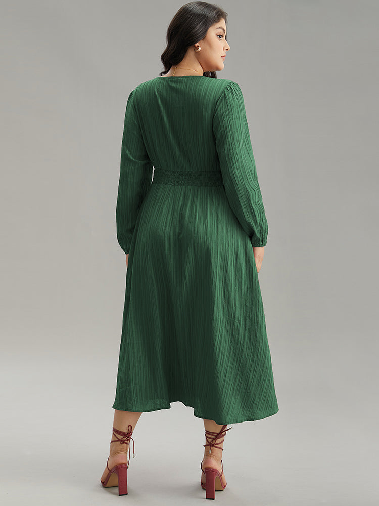 Solid Plisse Button Detail Shirred Dress