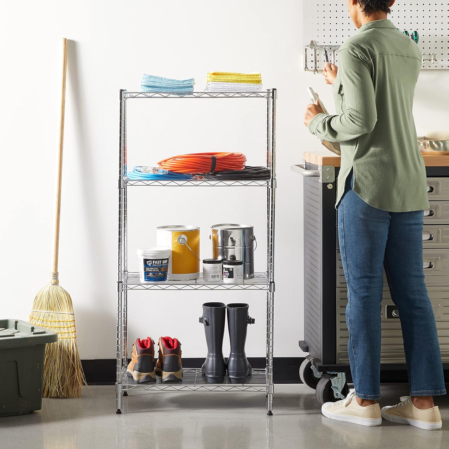 Amazon Basics 4-Shelf Steel Wire Storage Rack, Adjustable, Sturdy, Easy Assembly, 13.4 D x 23.2 W x 48 H in, Black