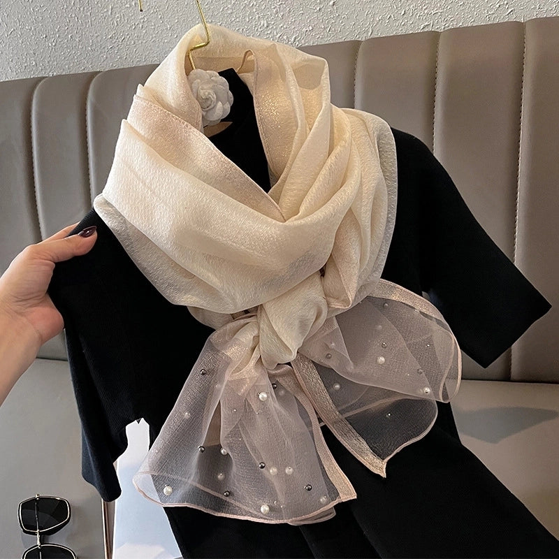 Women's Minimalist Color Block Satin Pearl Silk Scarf