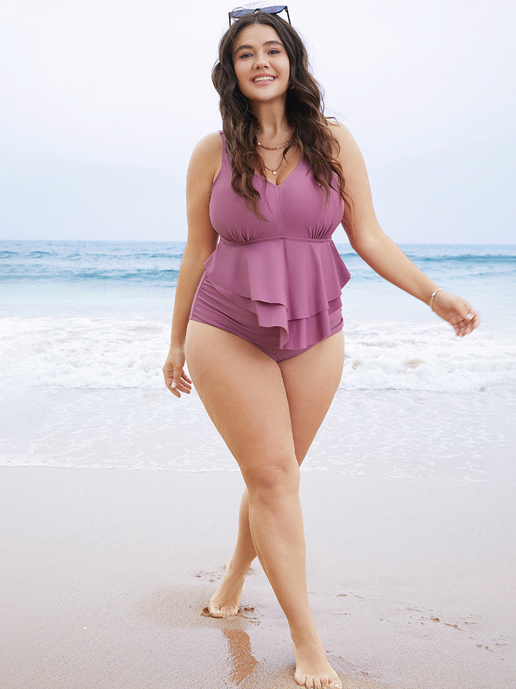 Solid Sculpt Waist Patchwork Ruffle Tiered One Piece Swimsuit