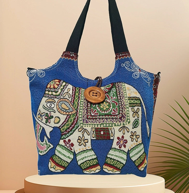 Women's Large Canvas Elephant Ethnic Style Square Zipper Shoulder Bag
