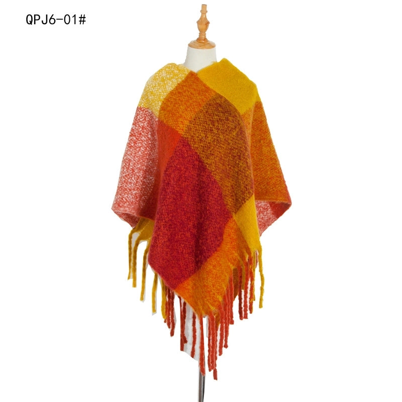 Hot Style New Autumn And Winter Women's Shawl Thick Tassel Loop Yarn Large Plaid Cloak
