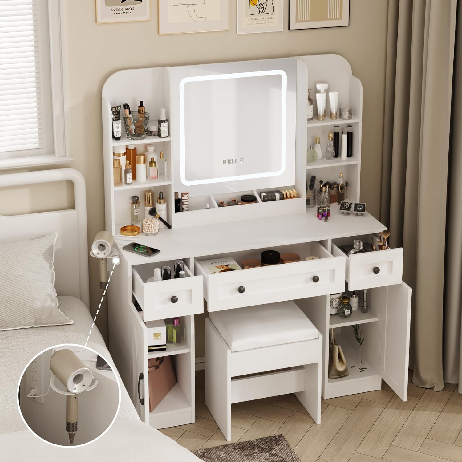 Vanity Table White Makeup Vanity Desk with Large Storage Drawers and Shelves