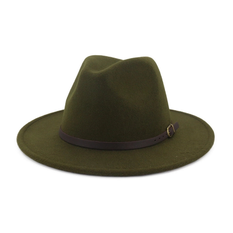 New Women's Woolen Brown Belt Buckle Top Hat Men And Women Couple Hat Flat Brim Big Brim Jazz Hat