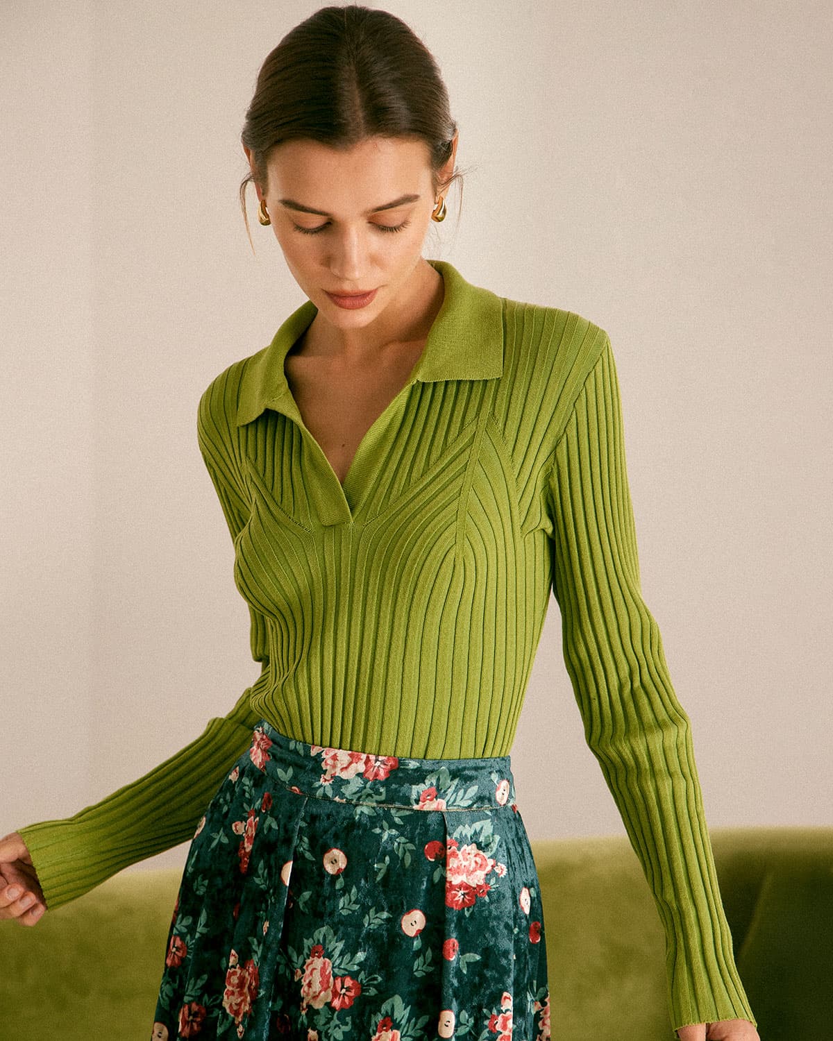 The Green Lapel Ribbed Long Sleeve Knit Top