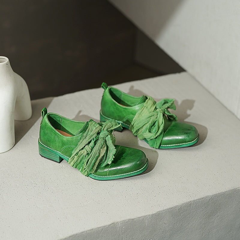 Vintage Lace-Up Derby Oxford Shoes Block Heel Leather Casual Footwear in Black/Green/Grey (better suited for thin feet)