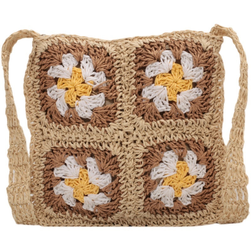 Summer New Handmade Crochet Flower Shoulder Straw Bag