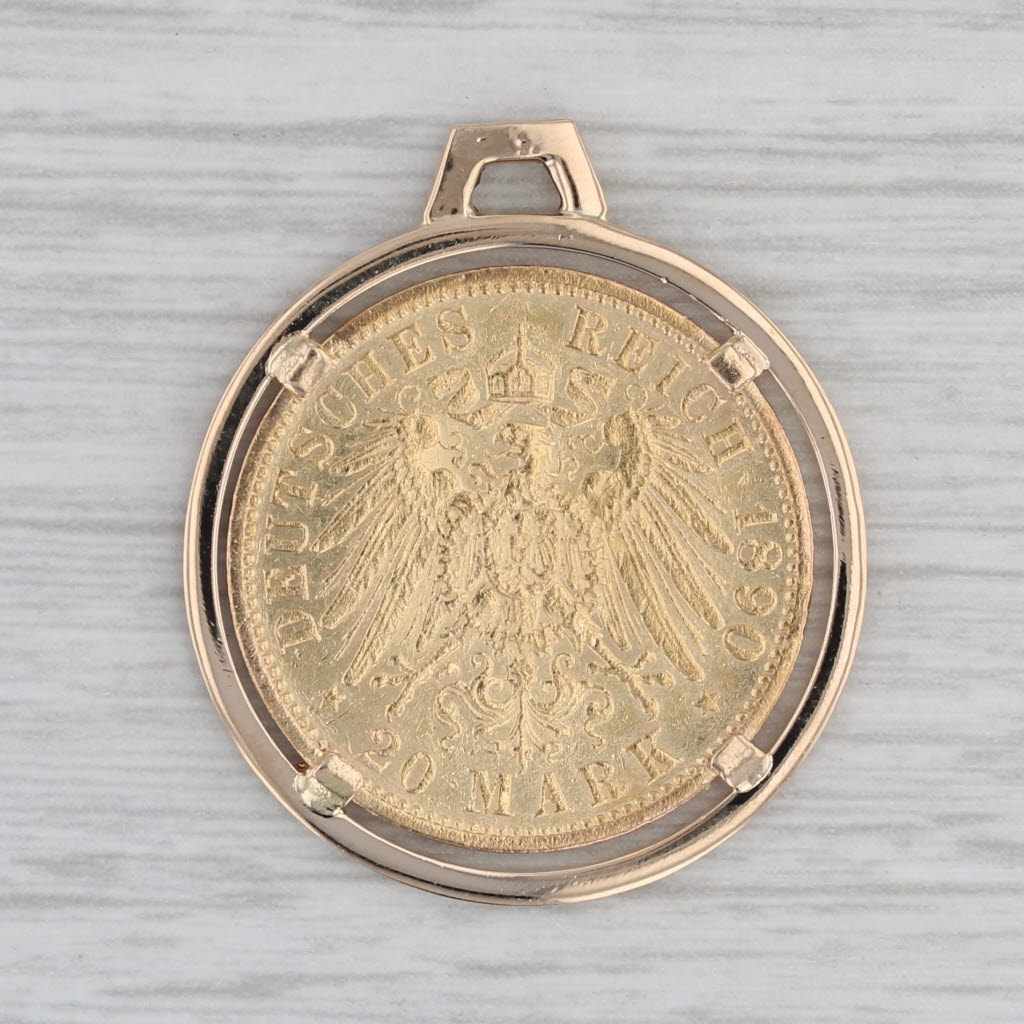 German Empire 1890 20 Mark Prussia Gold Coin Pendant 18k bezel 900 Coin
