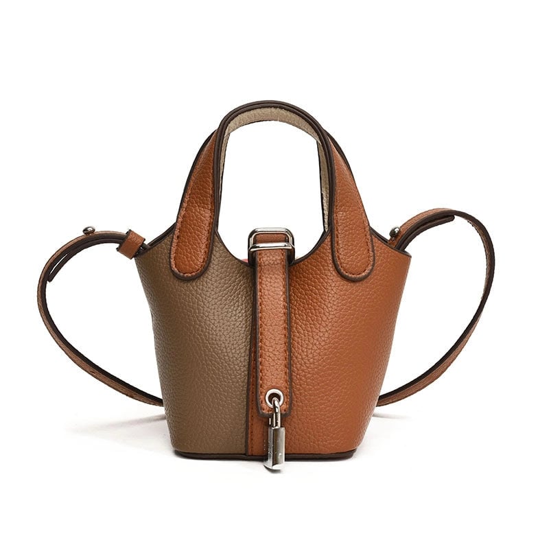 Girl'S Pu Leather Color Block Streetwear Bucket Lock Clasp Shoulder Bag Handbag Crossbody Bag