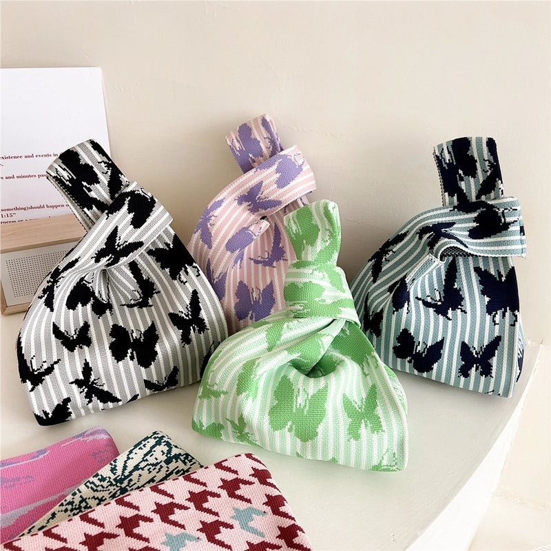 Women's Small Knit Houndstooth Stripe Butterfly Classic Style Square Open Handbag