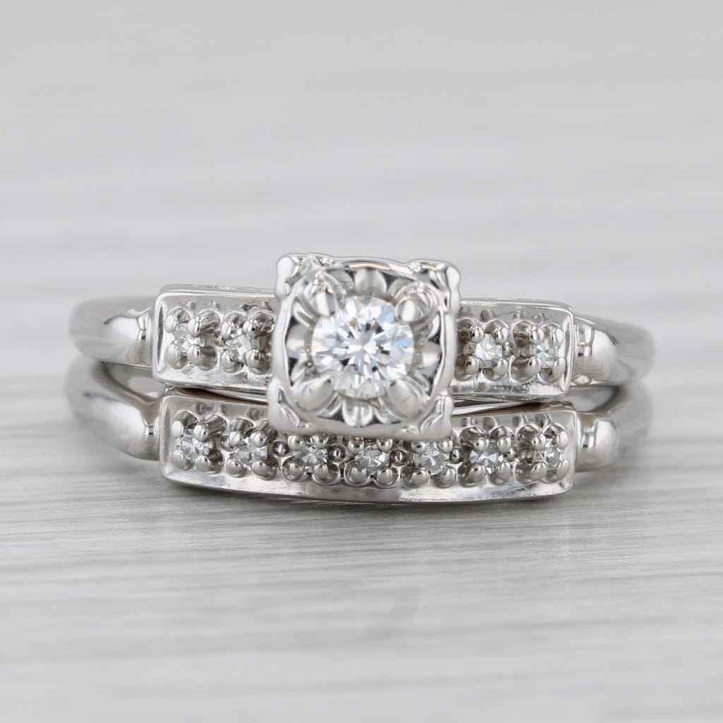 Vintage 0.13ctw Diamond Engagement Ring Wedding Band Set 14k White Gold Size 5.5