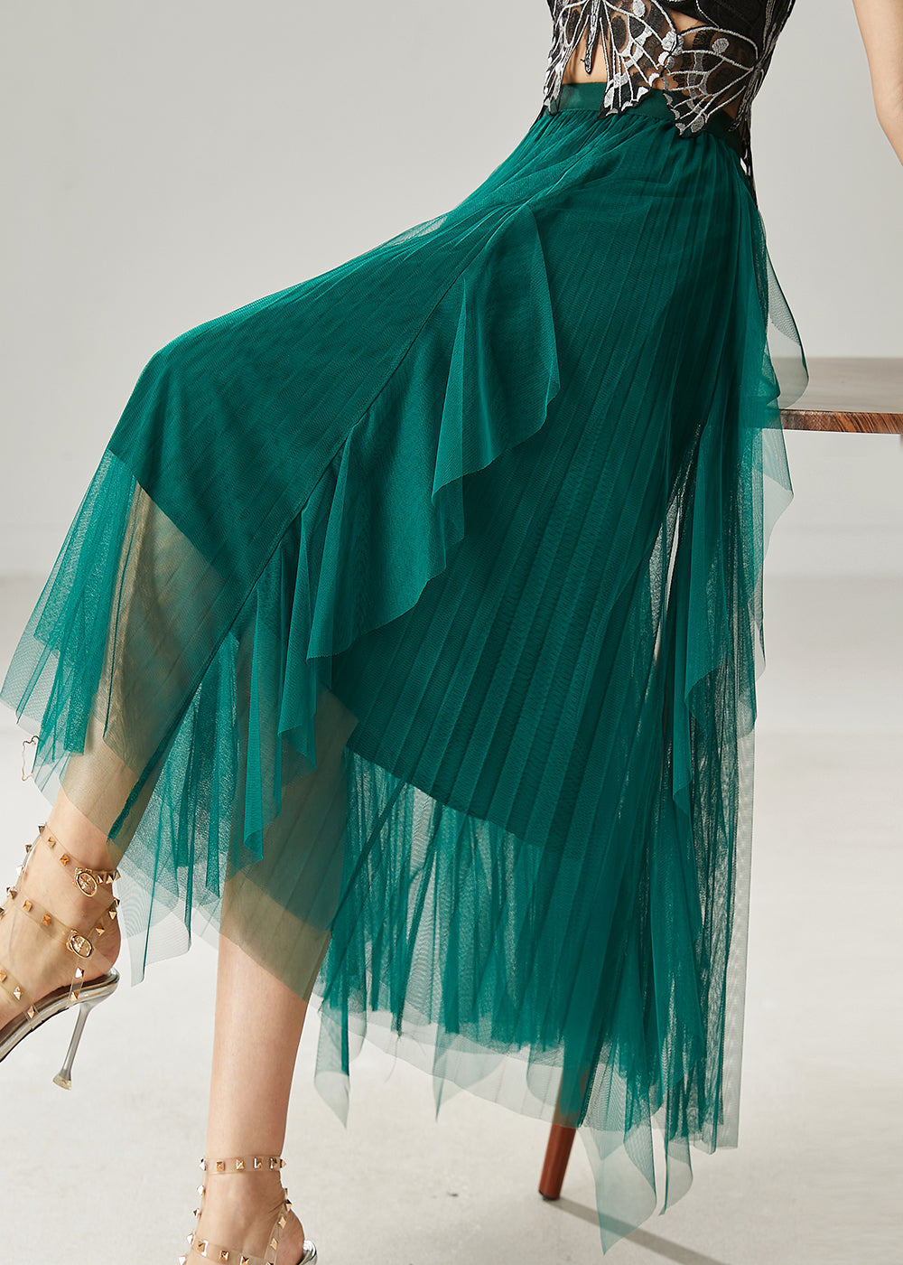 Elegant Peacock Green Ruffled Tulle Holiday Skirts Summer