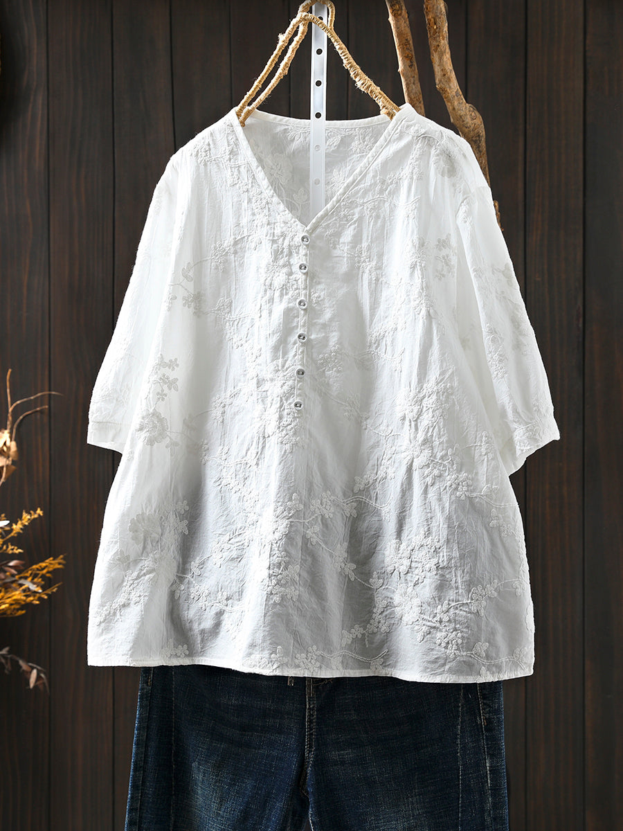 Plus Size Women Artsy Emboidery V-Neck 100%Cotton Shirt