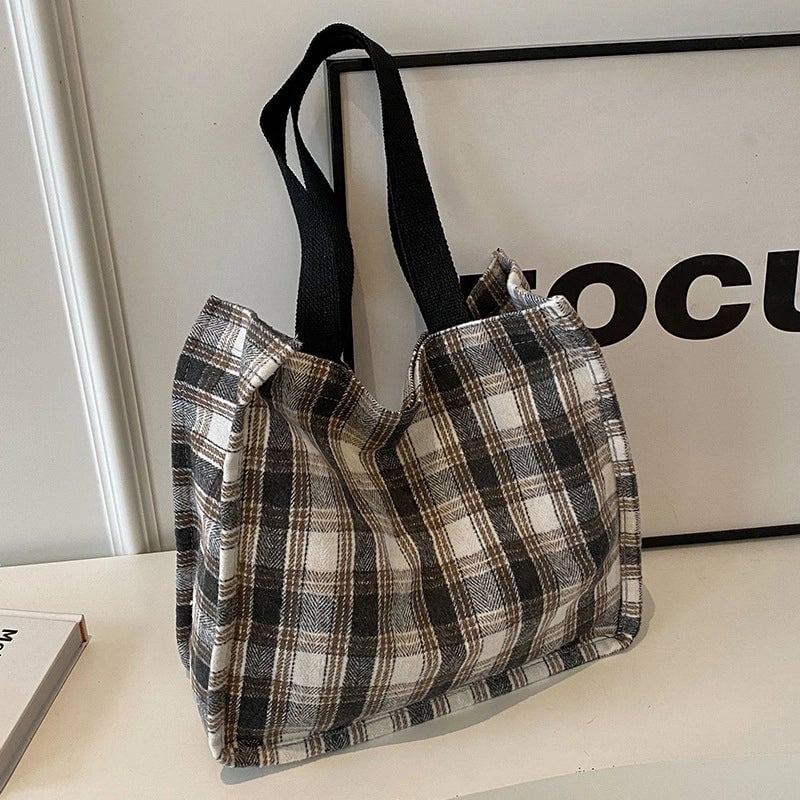 Women's Large Woolen Lattice Elegant Streetwear Square Open Tote Bag
