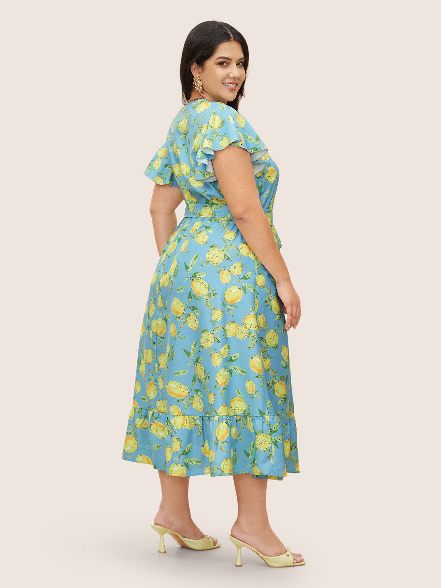 Citrus Lemon Print Ruffle Cap Sleeve Belted Dress