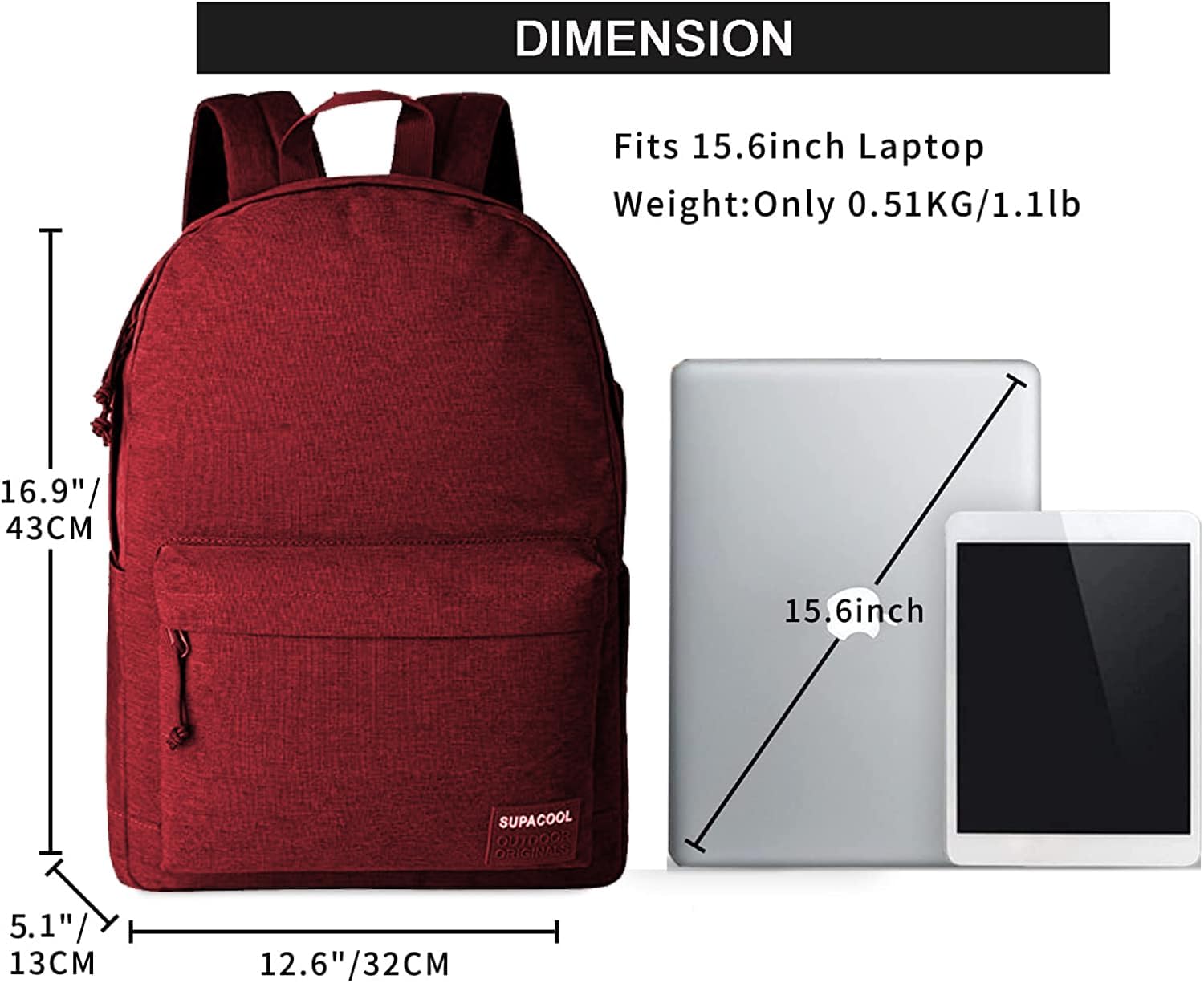 SUPACOOL Casual Laptop Backpack for Men and Women, School Backpack for Boys and Girls, College Bookbag, USB Charging Port, Lightweight Back Pack(Black)