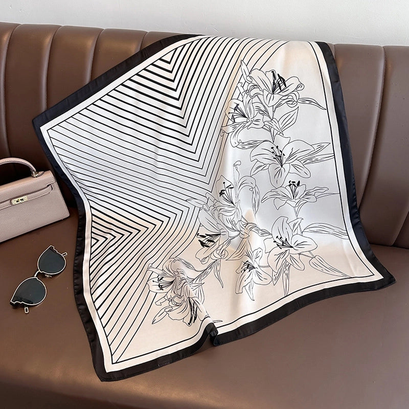 Women's Minimalist Stripe Flower Imitated Silk Silk Scarf