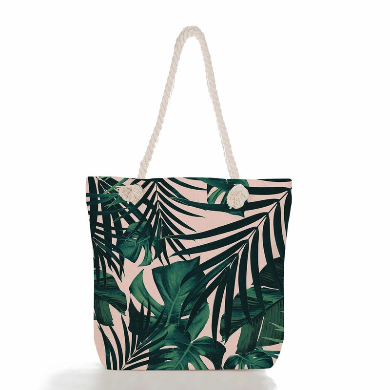 Green Leaf Printed Cotton Rope Bag Large Capacity Shoulder Bag Student Book Tote Bag Printable Logo