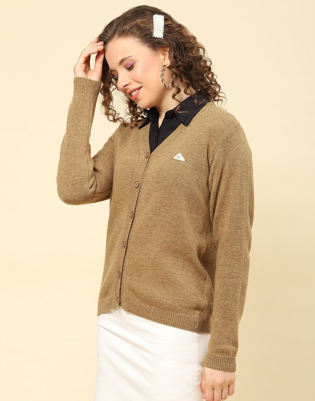 Women Brown Solid V Neck Full Sleeve Cardigan