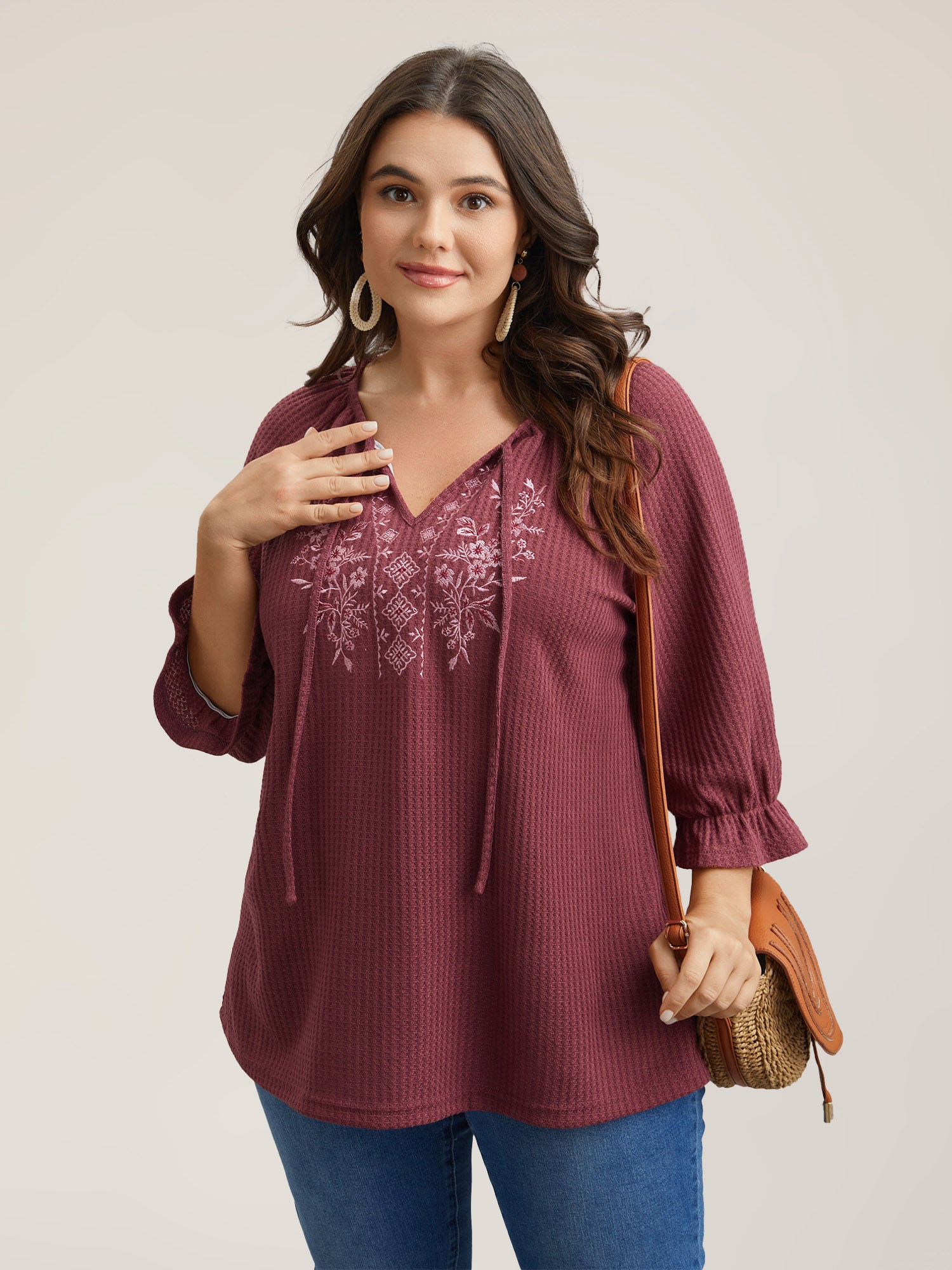 Embroidered Neck-Tie Ruffles Top