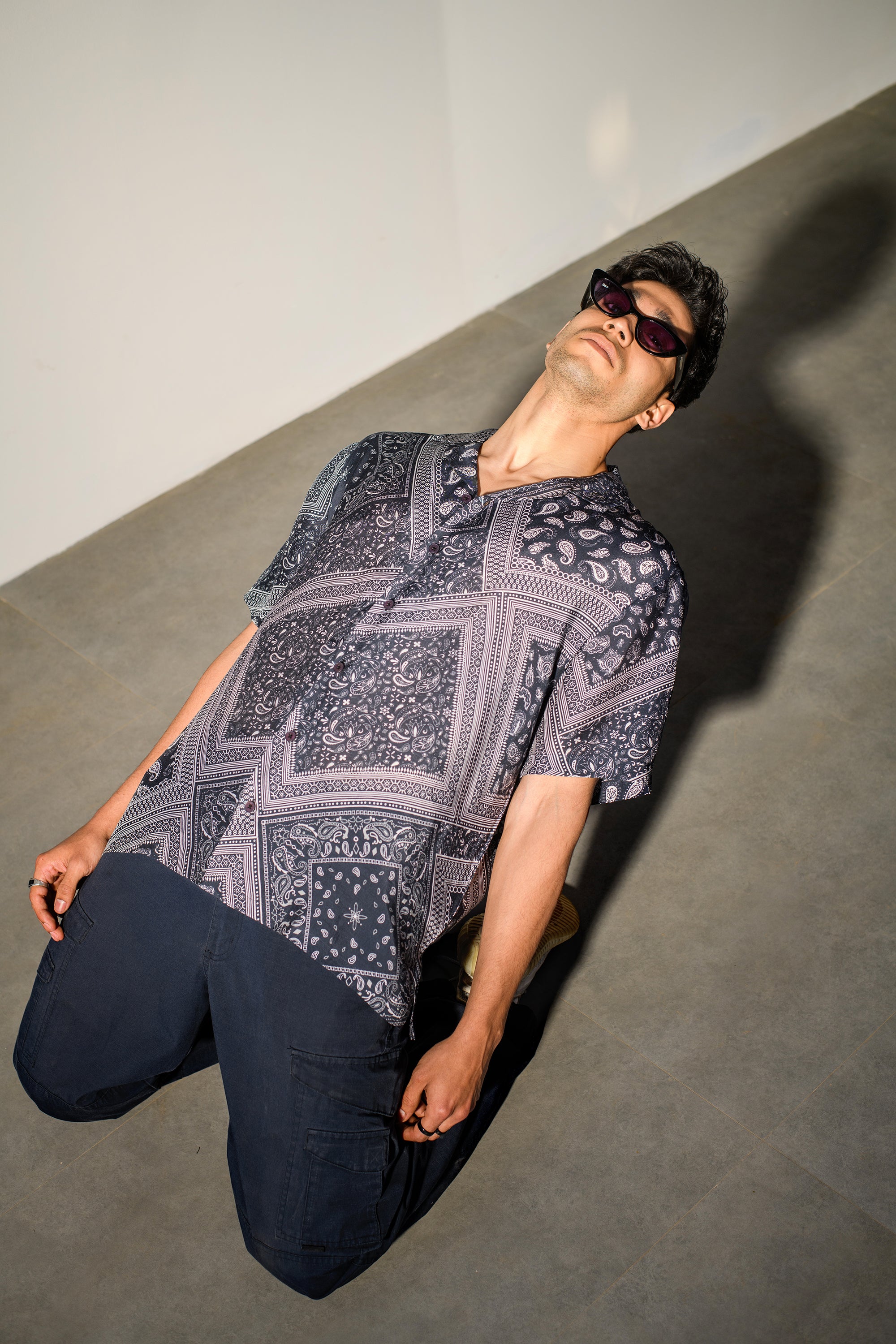 Rustic Boho Black Bandana Silk Oversize Hawaiin Collar Shirt For Men