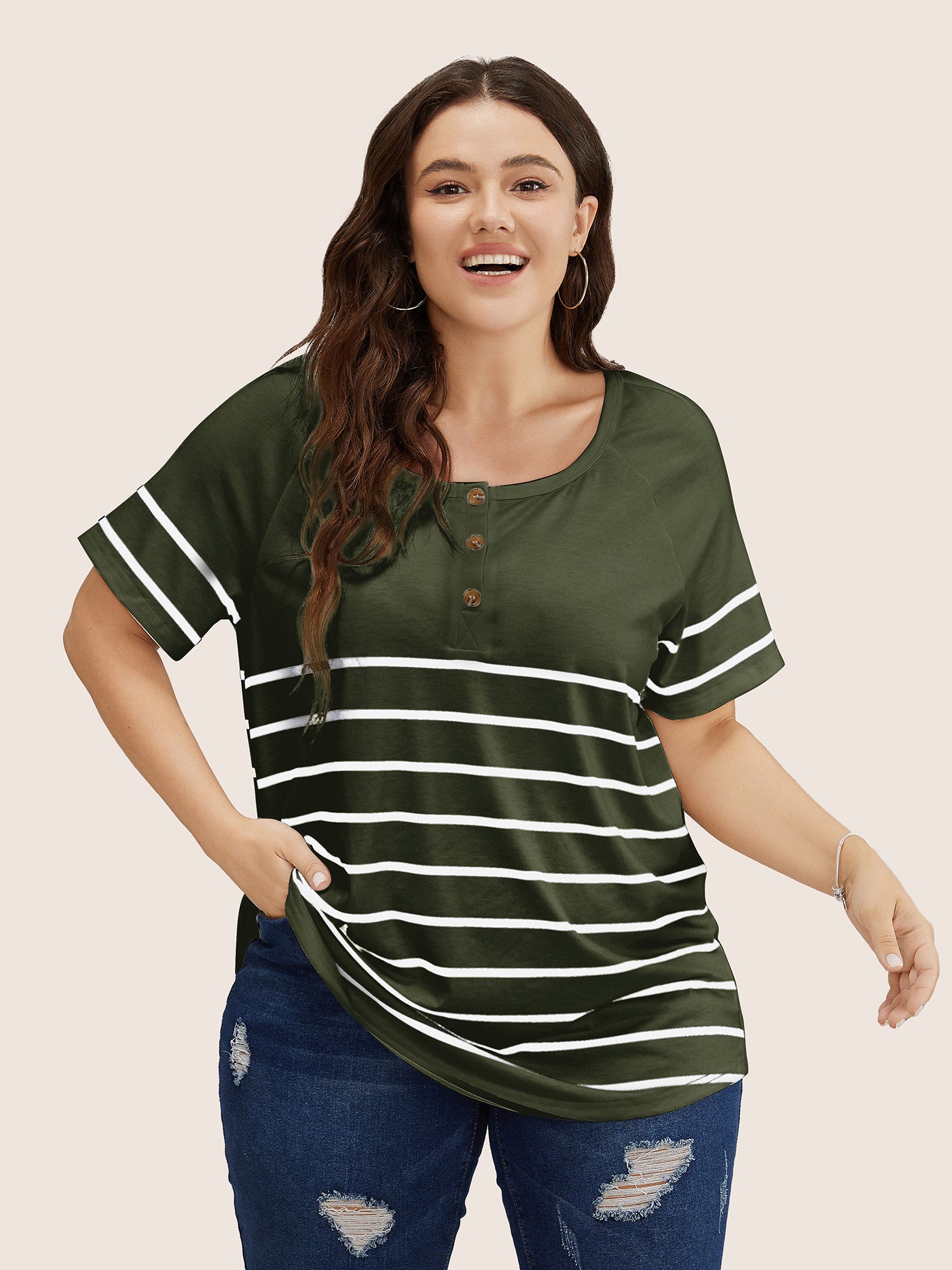 Striped Print Raglan Sleeve Button Up T-shirt