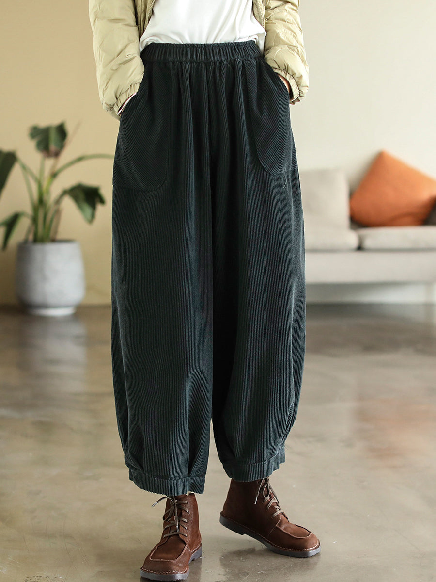 Plus Size Women Vintage Corduroy Pure Color Loose Harem Pants