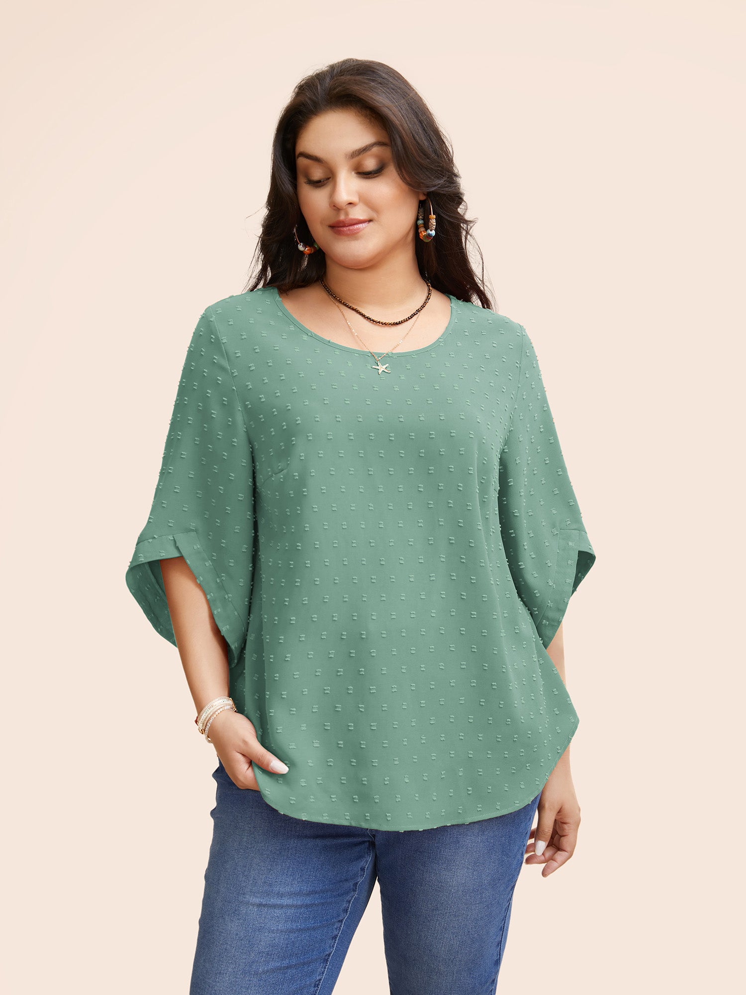 Textured Round Neck Bell Sleeve Blouse