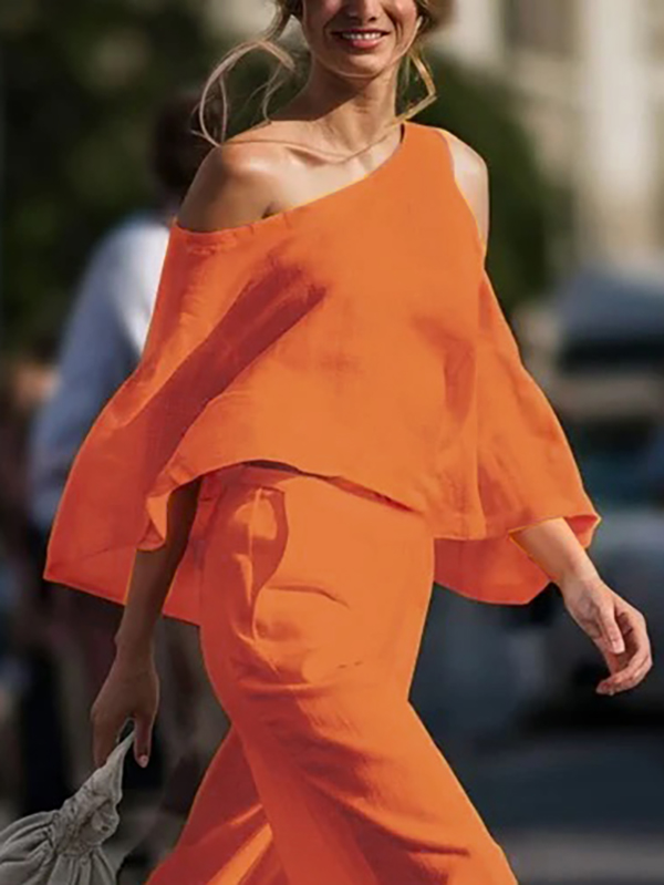 Long Sleeves Loose Hollow Solid Color One-shoulder Blouses&shirts Tops