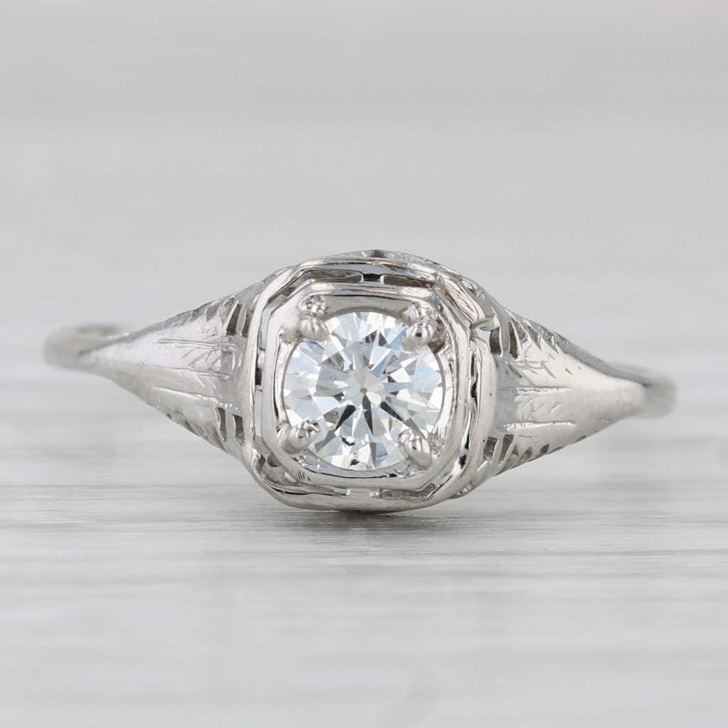 Art Deco 0.46ct Diamond Engagement Ring 14k White Gold Filigree Size 10 GIA