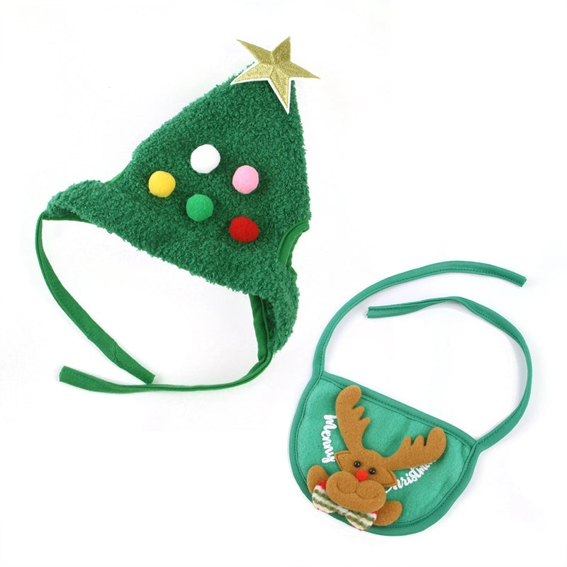 Pet Hat Saliva Towel Dog Christmas Head Cover Christmas Tree Shape Cat Saliva Towel Suit