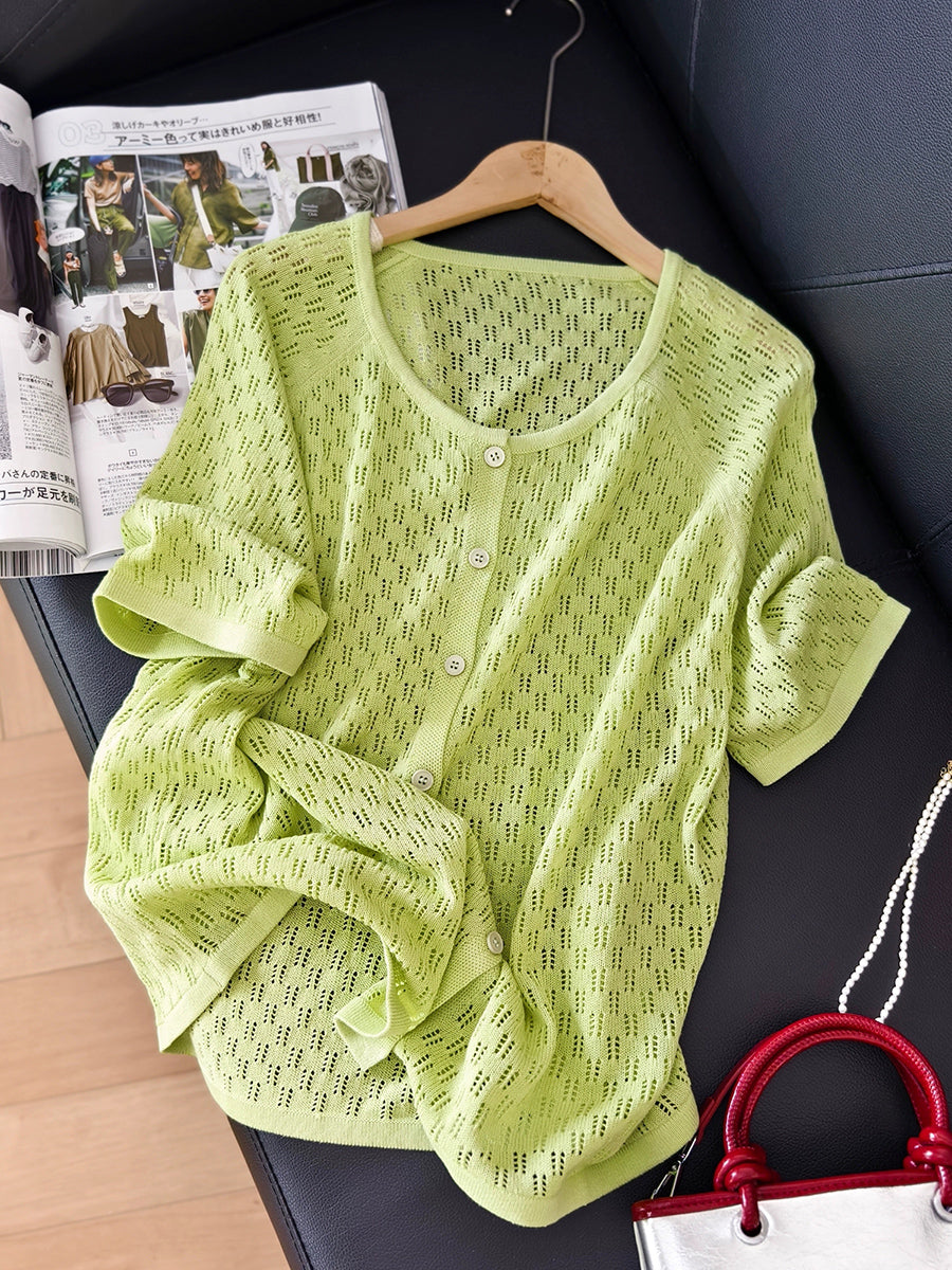 Women Summer Casual Button-up Knitted O-Neck Shirt