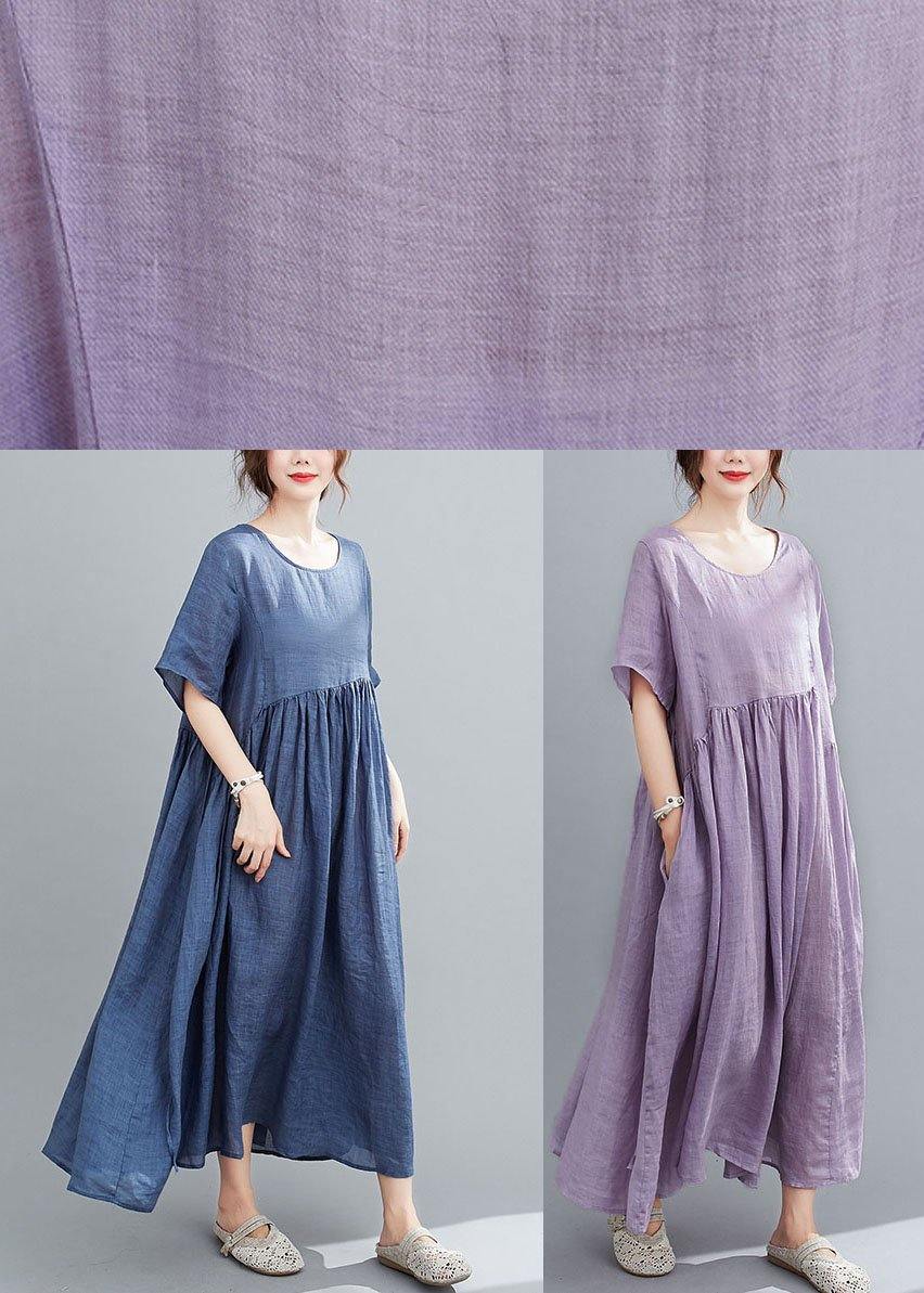 Natural Purple Pockets Short Sleeve Robe Cotton Linen Dresses