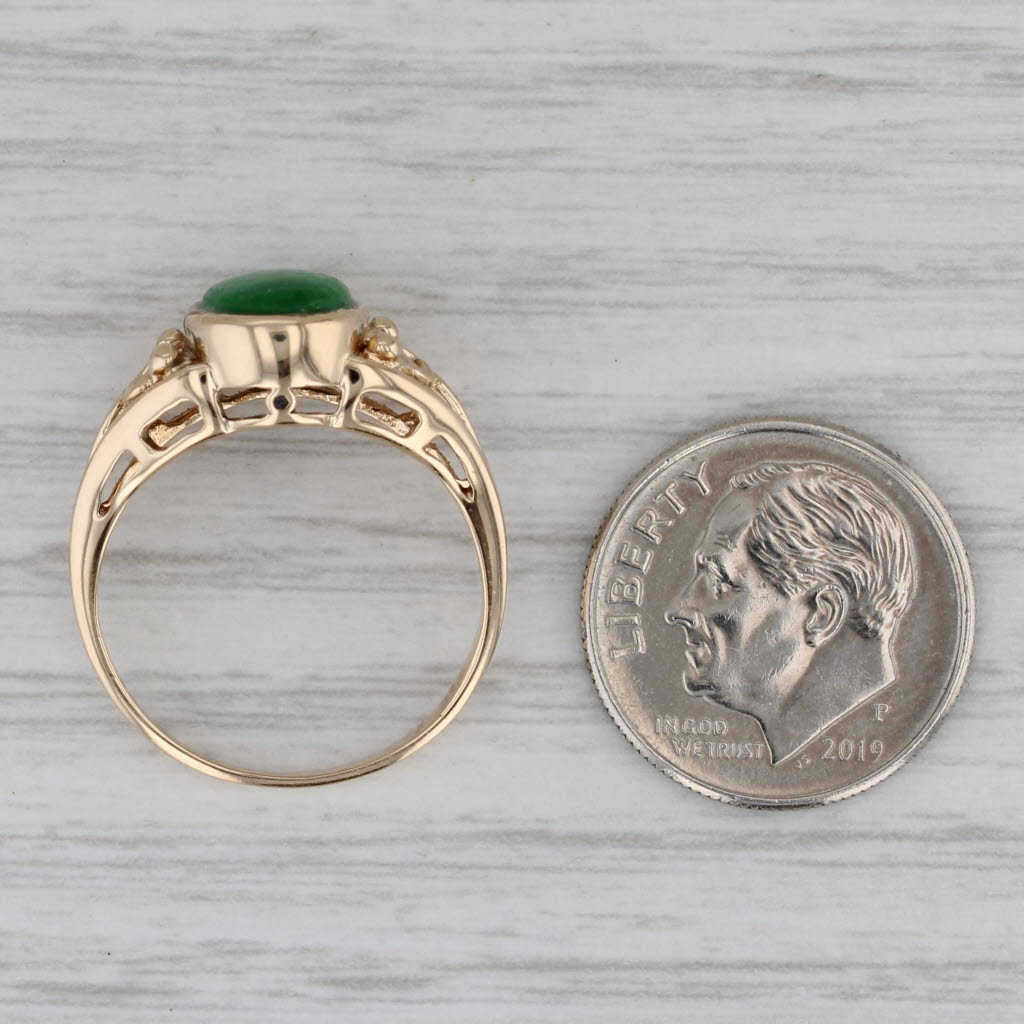 Green Jadeite Jade Oval Cabochon Solitaire Ring 14k Gold Size 6.5 Heart Accents