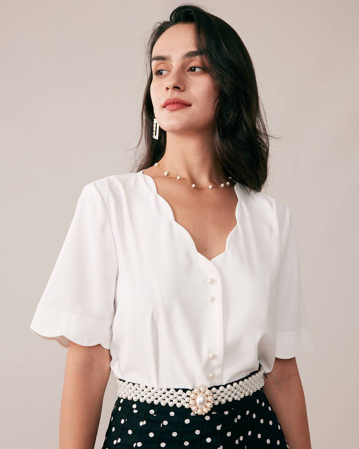 The Ruffle Neckline Pearl Button Shirt