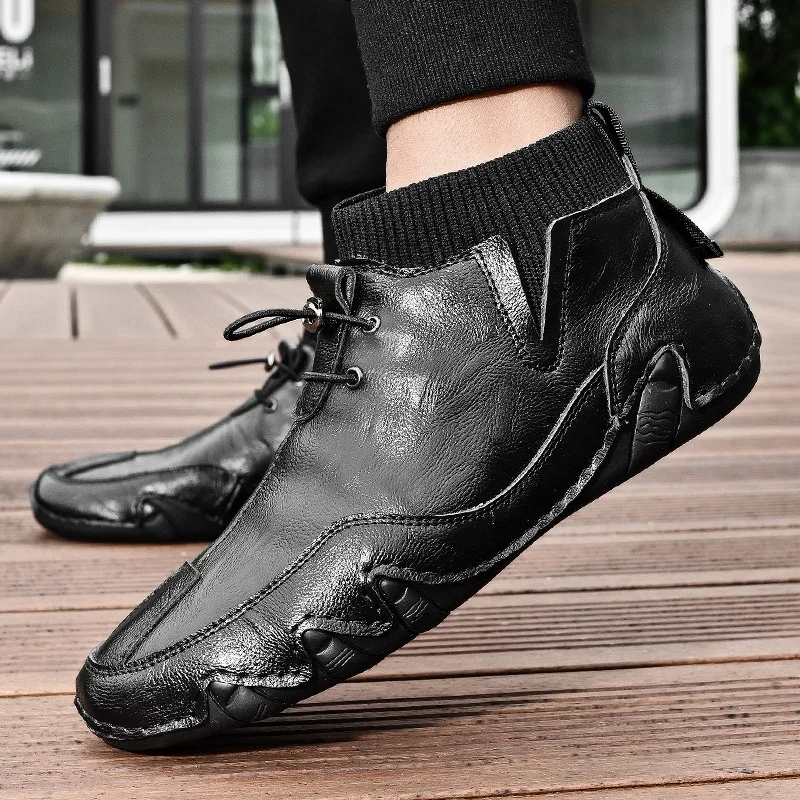 business New Men's Genuine Leather Shoes Ankle Boots 2024 Men Sneakers Outdoor Light Lace-Up Casual Shoes Fashion Loafers White Boots