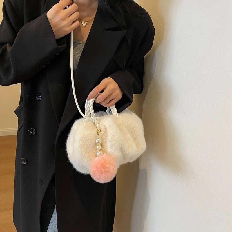 Women's Plush Solid Color Cute Classic Style Streetwear Ornament Pearls Weave Cloud Shape Hidden Buckle Crossbody Bag