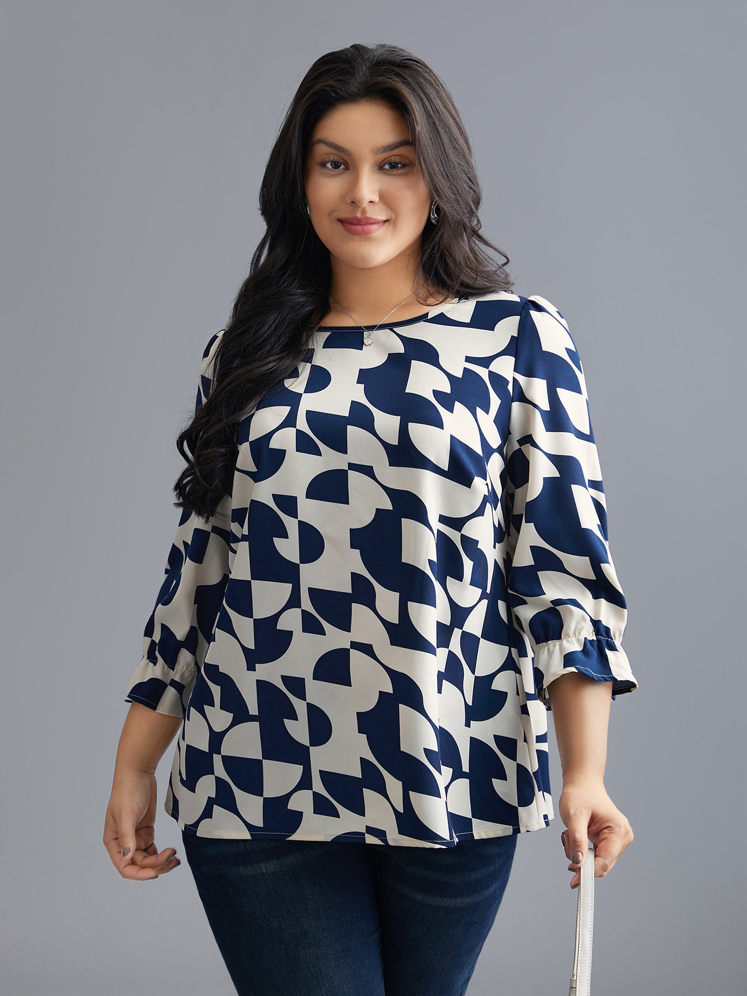 Round Neck Geometric Print  Blouse